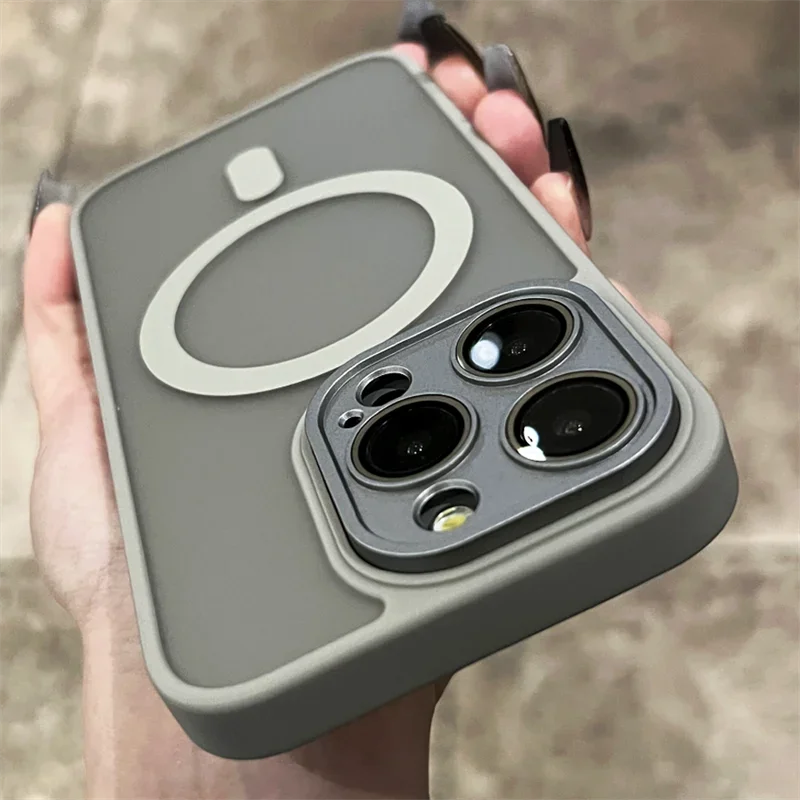 Matte Armor Magnetic For Magsafe Metal Lens Cap Case For iPhone 15 14 13 12 16 Pro Plus Max Wireless Charging Translucent Cover