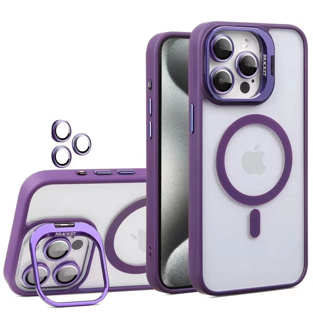 Fashion For Magsafe Stand Glass Lens Protector Case For iPhone 16 15 14 13 11 12 Pro Max 16 Plus Magnetic Shockproof Back Cover