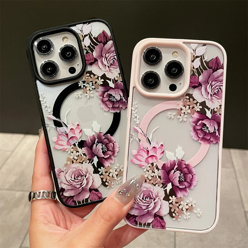 Luxury Retro Flowers Floral Magnetic For Magsafe Wireless Charging Case For iPhone 16 15 11 12 13 14 Pro Max Shockproof Cover