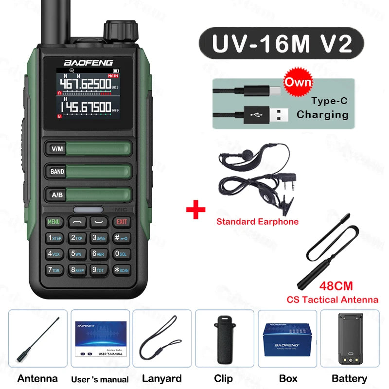Upgrade Baofeng UV16M V2 Walkie Talkie AM FM Two Way Radio Full Band LCD 999CH Frequency Copy VHF UHF NOAA Noise Reduce Type-C