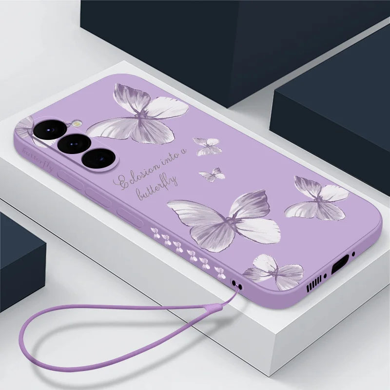 Butterfly Pattern Hand Lanyard Case For Samsung Galaxy S26 S25 S23 S24 Ultra S23 FE A57 A17 A55 A56 A36 A16 Soft Silicone Cover