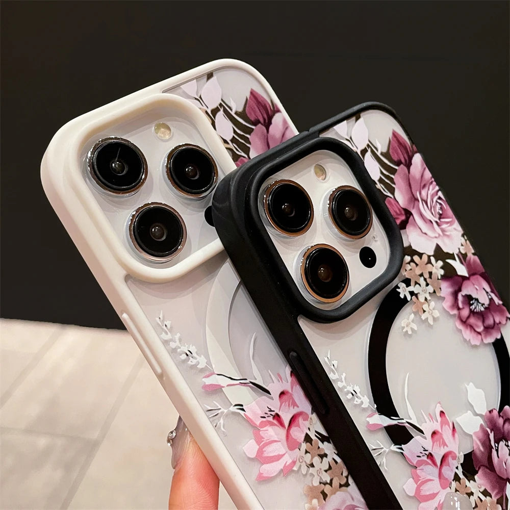 Luxury Retro Flowers Floral Magnetic For Magsafe Wireless Charging Case For iPhone 16 15 11 12 13 14 Pro Max Shockproof Cover
