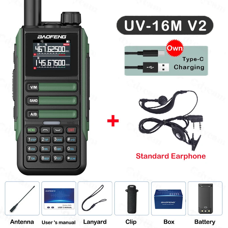 Upgrade Baofeng UV16M V2 Walkie Talkie AM FM Two Way Radio Full Band LCD 999CH Frequency Copy VHF UHF NOAA Noise Reduce Type-C