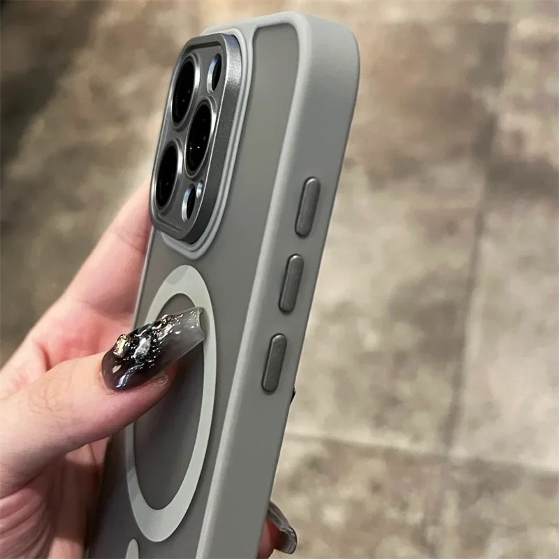 Matte Armor Magnetic For Magsafe Metal Lens Cap Case For iPhone 15 14 13 12 16 Pro Plus Max Wireless Charging Translucent Cover