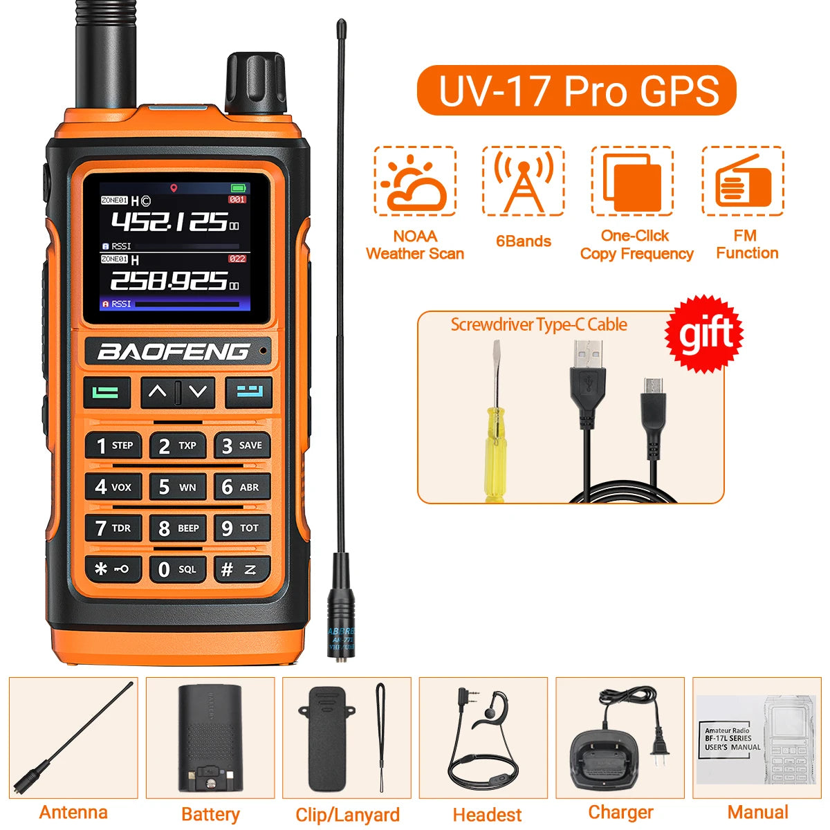 Baofeng UV-17 Pro GPS Walkie Talkie Air Band FM Long Range Radio Wireless Copy Frequency Handheld DTMF Two Way Ham Radio UV-5R