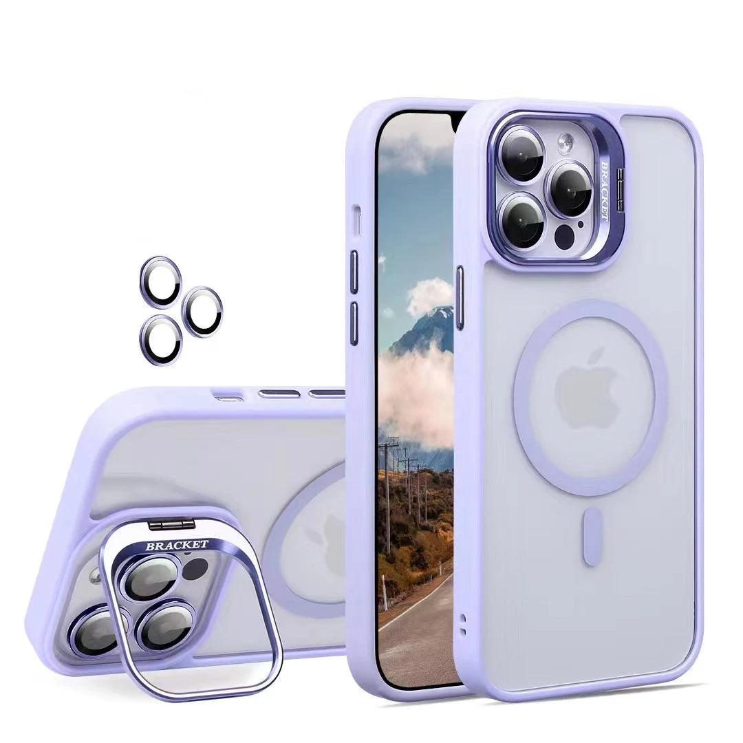 Fashion For Magsafe Stand Glass Lens Protector Case For iPhone 16 15 14 13 11 12 Pro Max 16 Plus Magnetic Shockproof Back Cover