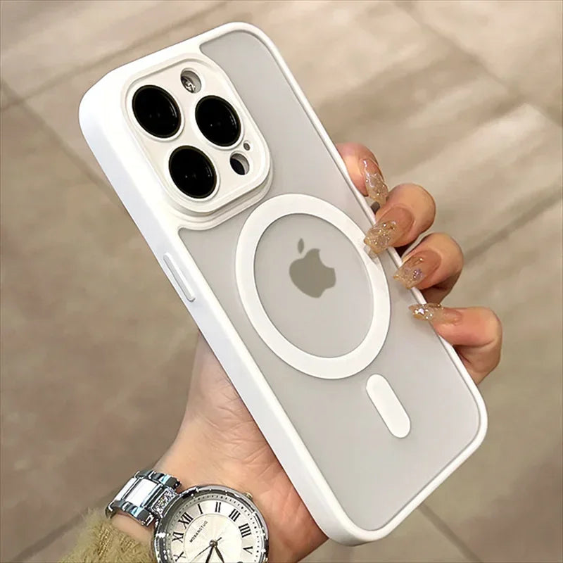 Matte Armor Magnetic For Magsafe Metal Lens Cap Case For iPhone 15 14 13 12 16 Pro Plus Max Wireless Charging Translucent Cover