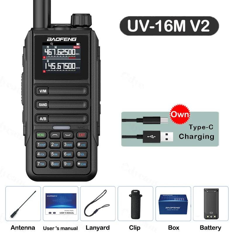 Upgrade Baofeng UV16M V2 Walkie Talkie AM FM Two Way Radio Full Band LCD 999CH Frequency Copy VHF UHF NOAA Noise Reduce Type-C
