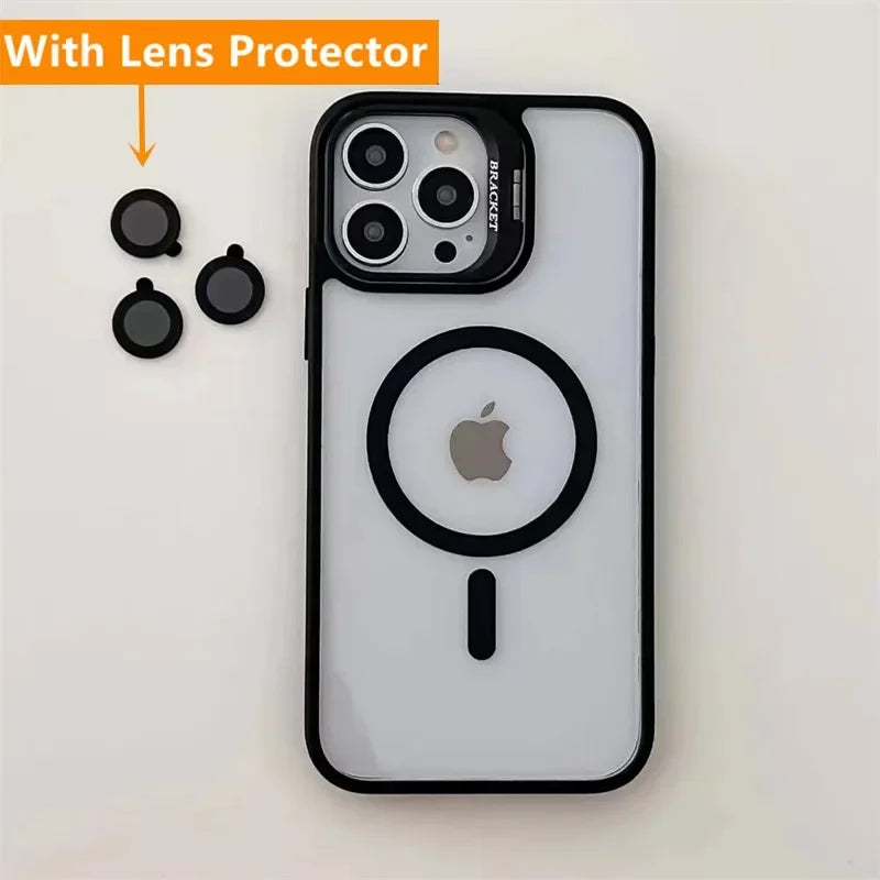 Fashion For Magsafe Stand Glass Lens Protector Case For iPhone 16 15 14 13 11 12 Pro Max 16 Plus Magnetic Shockproof Back Cover