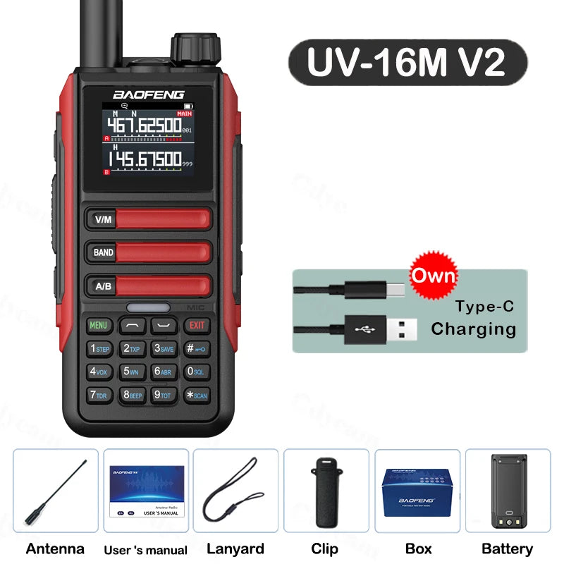Upgrade Baofeng UV16M V2 Walkie Talkie AM FM Two Way Radio Full Band LCD 999CH Frequency Copy VHF UHF NOAA Noise Reduce Type-C