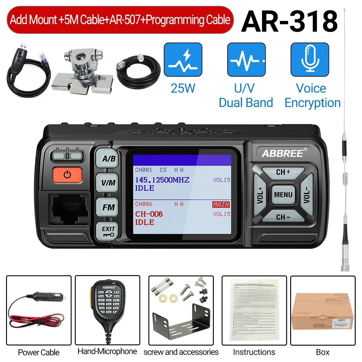 ABBREE AR-318 Mini Mobile Radio 25W Dual Band UHF VHF Long Range Dual Mode Watch Voice Encryption Car Transceiver Walkie Talkie