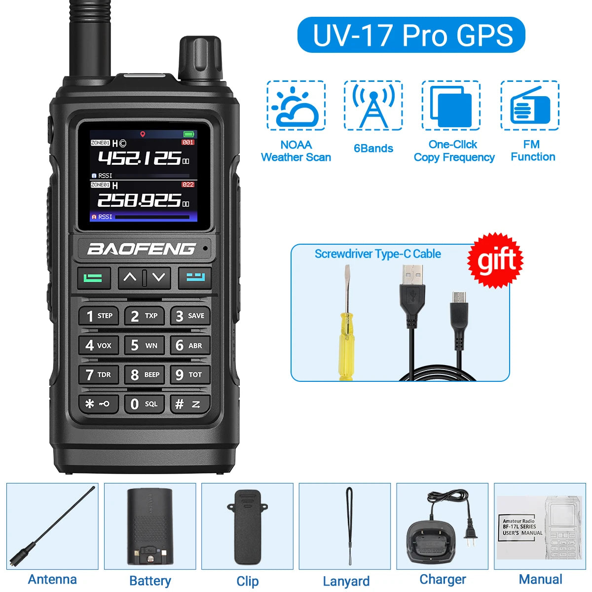 Baofeng UV-17 Pro GPS Walkie Talkie Air Band FM Long Range Radio Wireless Copy Frequency Handheld DTMF Two Way Ham Radio UV-5R