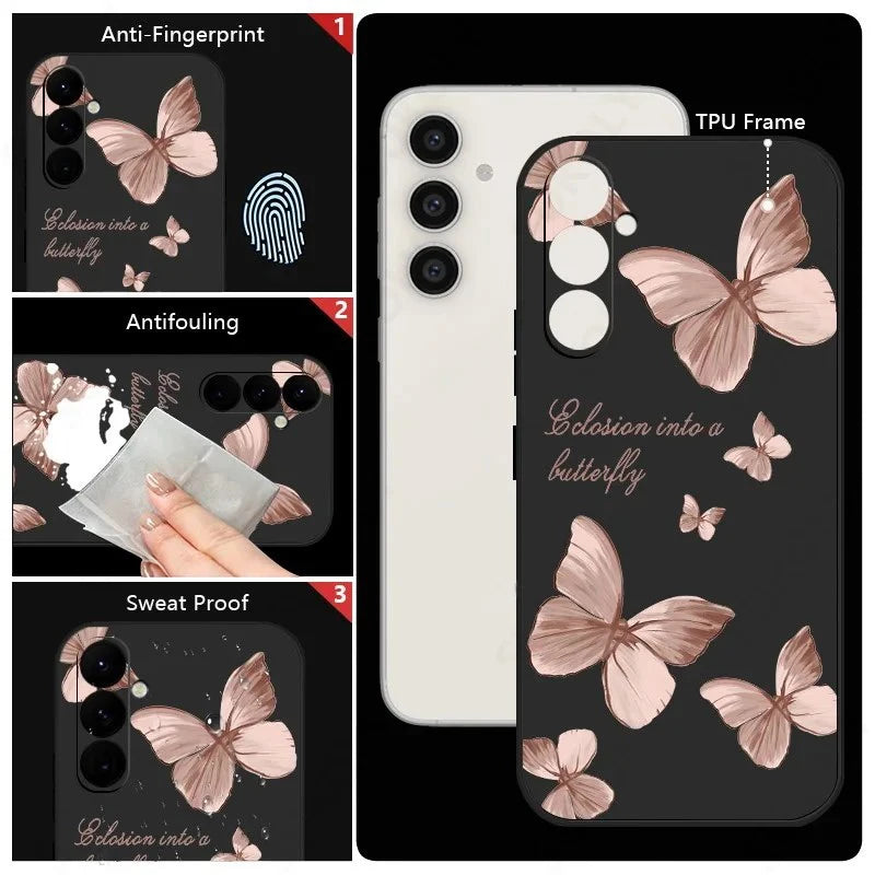 Butterfly Pattern Hand Lanyard Case For Samsung Galaxy S26 S25 S23 S24 Ultra S23 FE A57 A17 A55 A56 A36 A16 Soft Silicone Cover