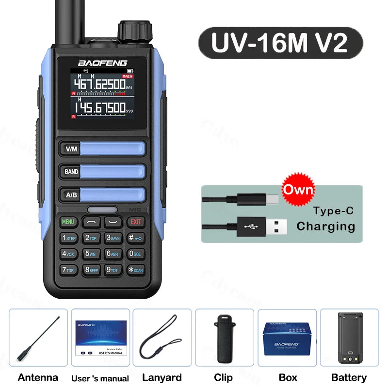 Upgrade Baofeng UV16M V2 Walkie Talkie AM FM Two Way Radio Full Band LCD 999CH Frequency Copy VHF UHF NOAA Noise Reduce Type-C
