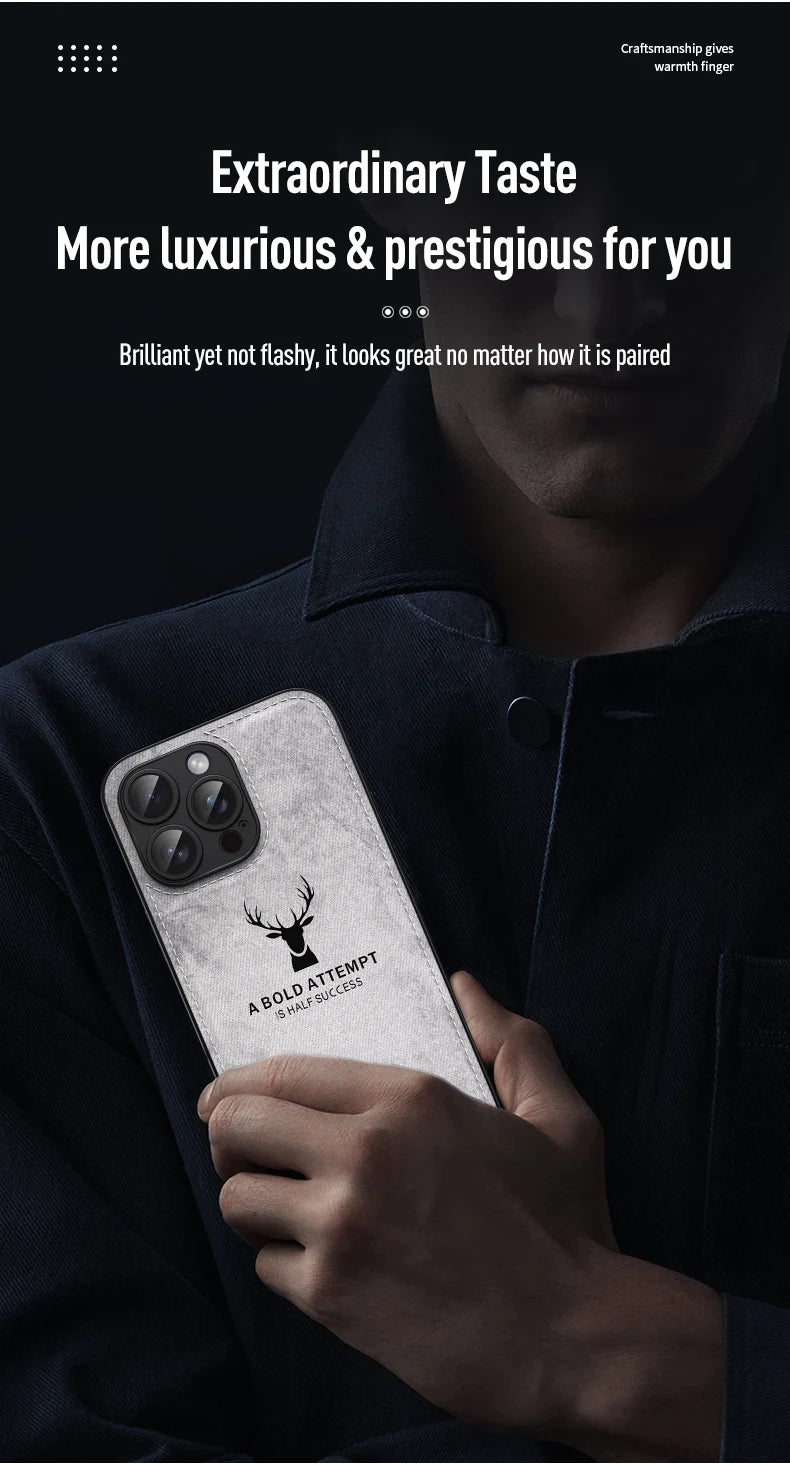 Luxury Cloth Leather Deer Head Pattern Case for iphone 15 14 13 12 11 Pro X XR XS Max 16 Plus Shockproof Soft Back Shell Cover