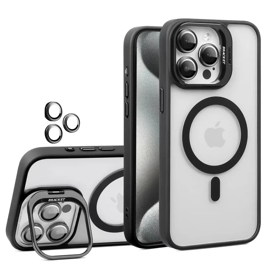 Fashion For Magsafe Stand Glass Lens Protector Case For iPhone 16 15 14 13 11 12 Pro Max 16 Plus Magnetic Shockproof Back Cover