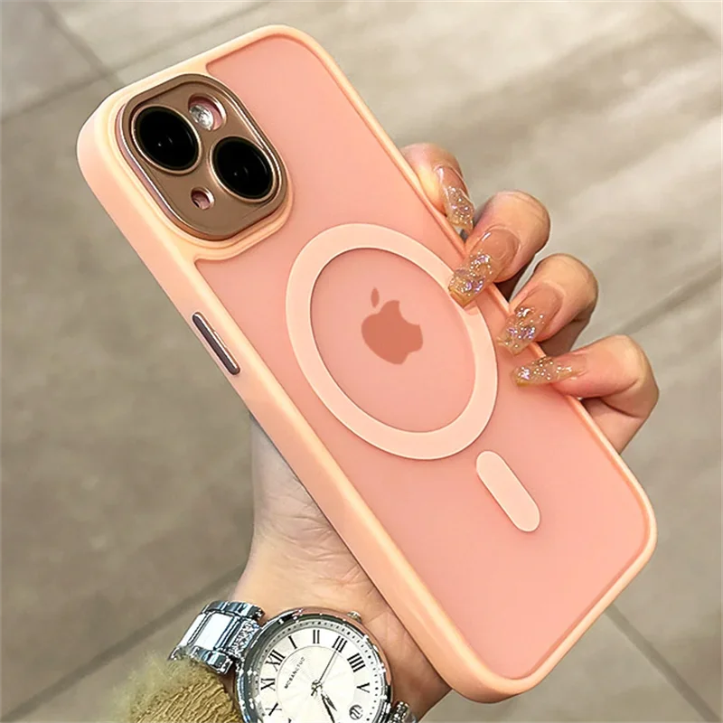 Matte Armor Magnetic For Magsafe Metal Lens Cap Case For iPhone 15 14 13 12 16 Pro Plus Max Wireless Charging Translucent Cover