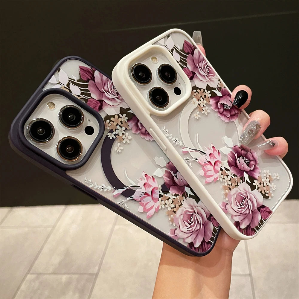 Luxury Retro Flowers Floral Magnetic For Magsafe Wireless Charging Case For iPhone 16 15 11 12 13 14 Pro Max Shockproof Cover